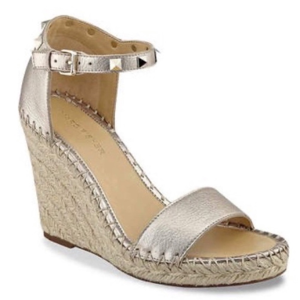 Marc Fisher Kicker Wedge Sandals in Brushed Metallic Gold with Rock Stud design